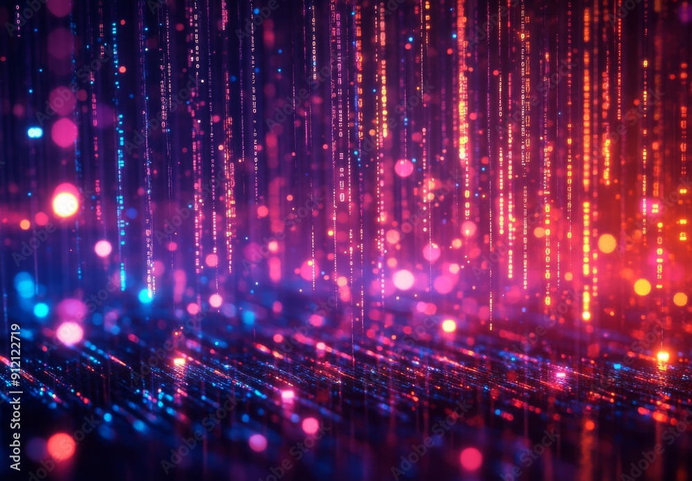 Digital rain of data streams, neon lights and binary code, immersive and complex, cybernetic feel Digital rain of data streams, neon lights and binary code, immersive and complex, cybernetic feel