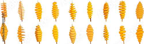 Tornado potato icons set. Set of various tornado potato showing different shapes of spiral cut fried potato on stick