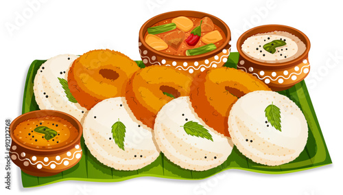 Idli, Vada & Sambar Served on Banana Leaf with Tomato & Coconut Chutneys - Classic South Indian Breakfast