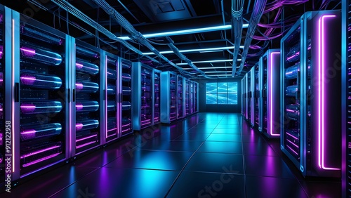 A large room with many computer servers and a large screen
