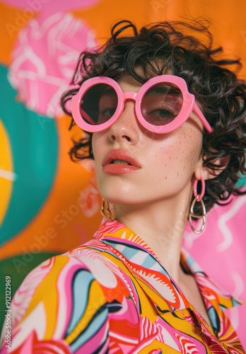 A vibrant, colorful fashion editorial featuring a model wearing bold sunglasses and oversized in shades of pink, orange, yellow, red, blue, purple, green, black, white, geometric patterns