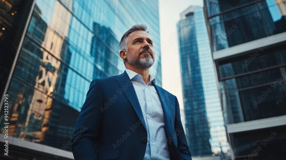Confident rich businessman executive standing in modern big city looking and dreaming of future business success, thinking about new goals, business vision and leadership concepts with generative ai Confident rich businessman executive standing in modern big city looking and dreaming of future business success, thinking about new goals, business vision and leadership concepts with generative ai