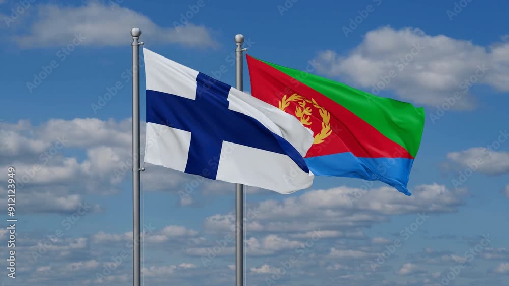 Eritrea and Finland flags flying together, video concept of the relationship, two country cooperation concept Eritrea and Finland flags flying together, video concept of the relationship, two country cooperation concept