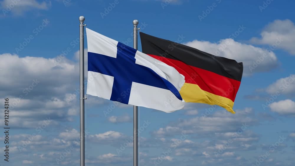 Germany and Finland flags flying together, video concept of the relationship, two country relations concept Germany and Finland flags flying together, video concept of the relationship, two country relations concept