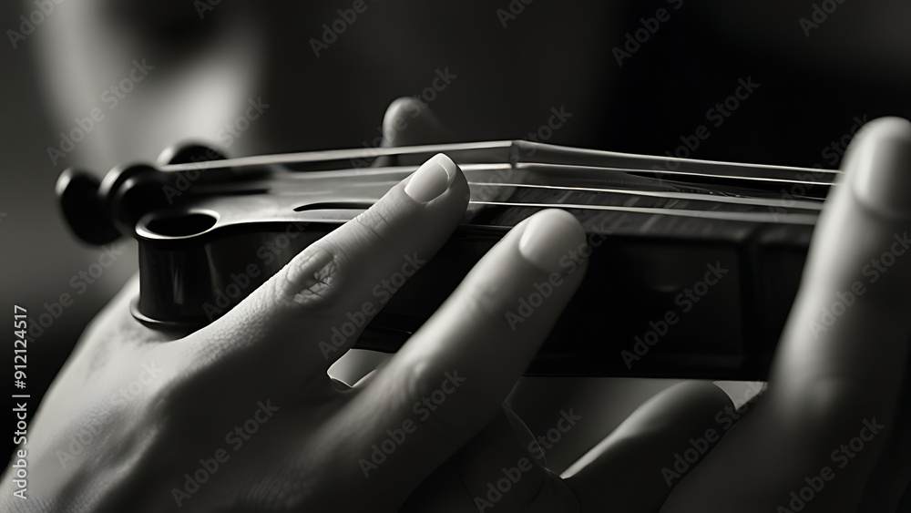 A closeup of hands playing a violin delicate strings.
A closeup of hands playing a violin delicate strings.