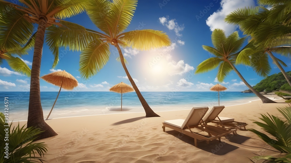 Obraz premium Ready for a Summer vacation. Summer vacation at a tropical beach with palm trees. Generative AI 