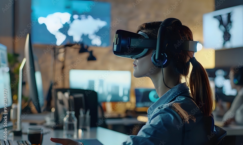 Woman Working with VR Technology in Office Woman Working with VR Technology in Office