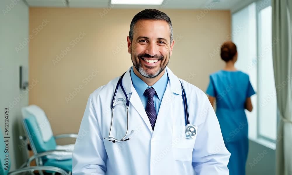 Lifestyle portrait video of a pleased doctor in his 40s wearing a scrub or lab coat smiling Lifestyle portrait video of a pleased doctor in his 40s wearing a scrub or lab coat smiling