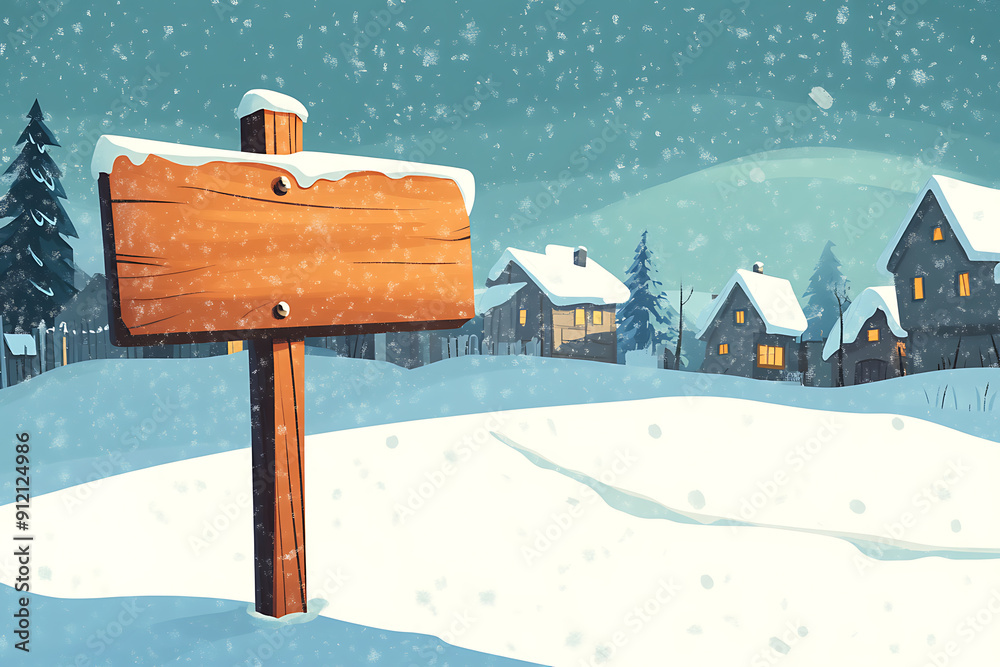 Naklejka premium Blank Wooden Sign in Snowy Winter Village