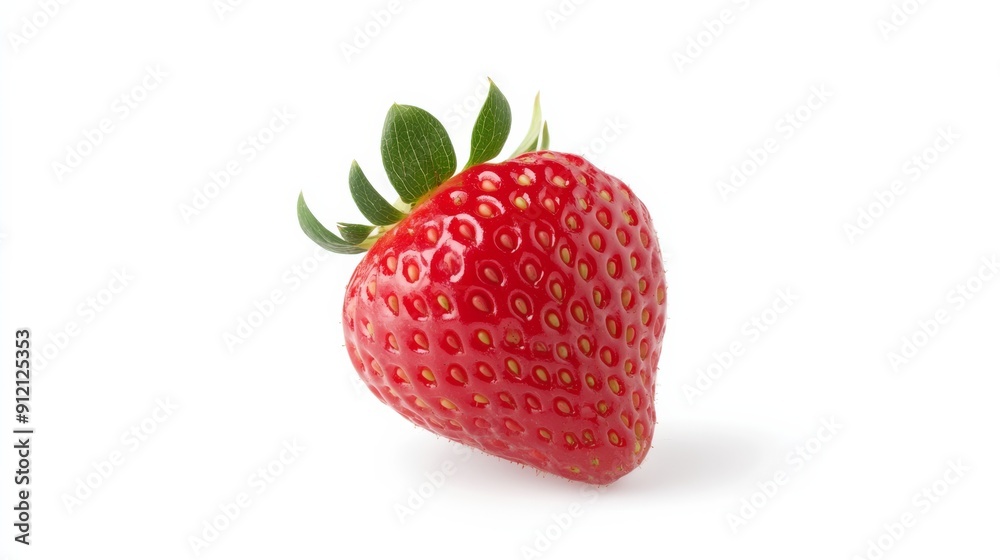 A single, ripe, and luscious red strawberry with green leaves is isolated on a white background, illustrating freshness, simplicity, and natural beauty. A single, ripe, and luscious red strawberry with green leaves is isolated on a white background, illustrating freshness, simplicity, and natural beauty.