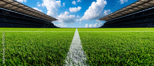 A vibrant football field with lush green grass beneath a blue sky, perfect for sports events and outdoor activities.