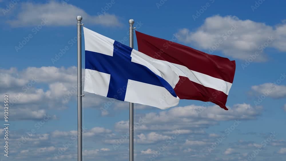Latvia and Finland flags flying together, video concept of the relationship, two country cooperation concept Latvia and Finland flags flying together, video concept of the relationship, two country cooperation concept