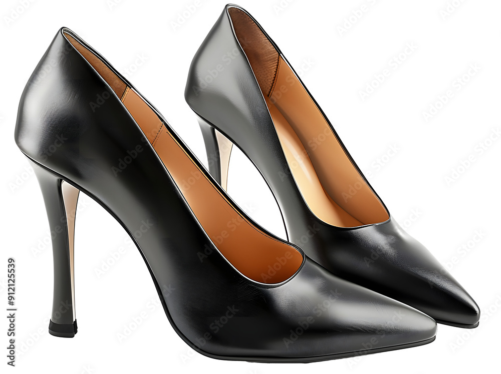 Naklejka premium Black leather high heeled women shoes or Stilettos isolated on transparent background. Full Depth of Field