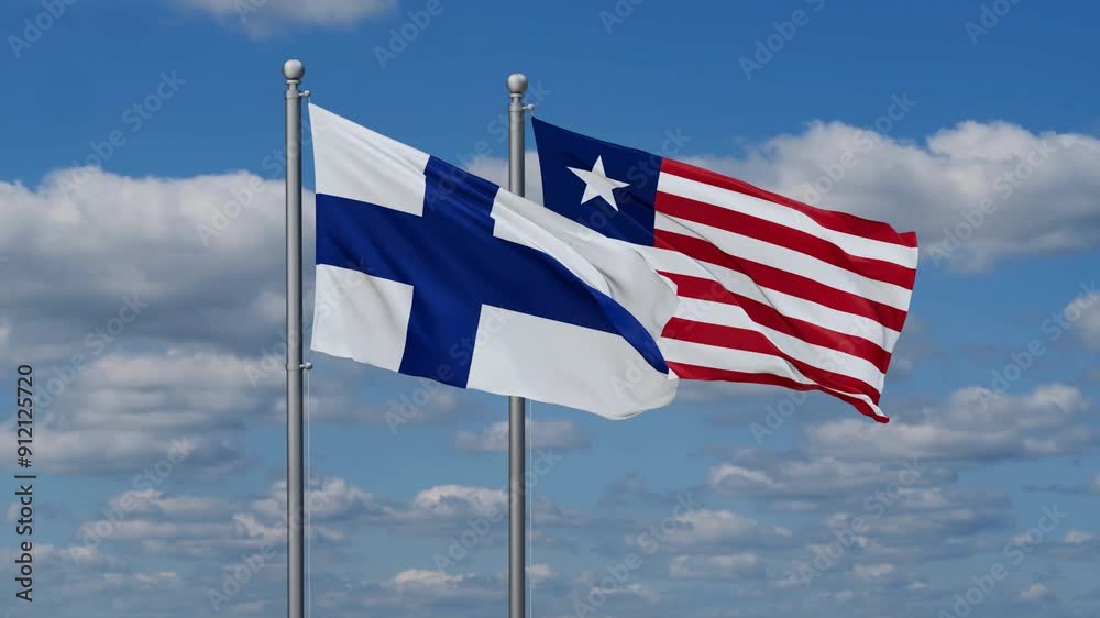 Liberia and Finland flags flying together, video concept of the relationship, two country cooperation concept Liberia and Finland flags flying together, video concept of the relationship, two country cooperation concept