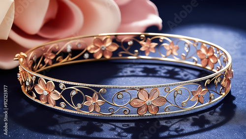 A delicate 18karat gold filigree bracelet adorned with.

 photo