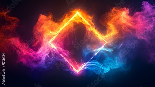 Neon Dream. Abstract vibrant neon smoke swirling inside a glowing diamond shape concept