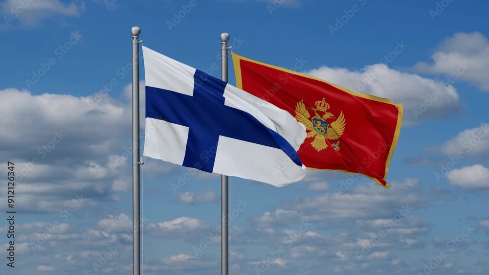Montenegro and Finland flags flying together, video concept of the relationship, two country cooperation concept Montenegro and Finland flags flying together, video concept of the relationship, two country cooperation concept