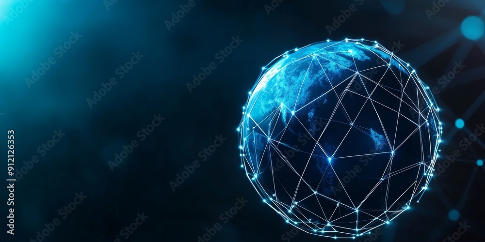 A blue glowing planet Earth surrounded by digital data connections A blue glowing planet Earth surrounded by digital data connections