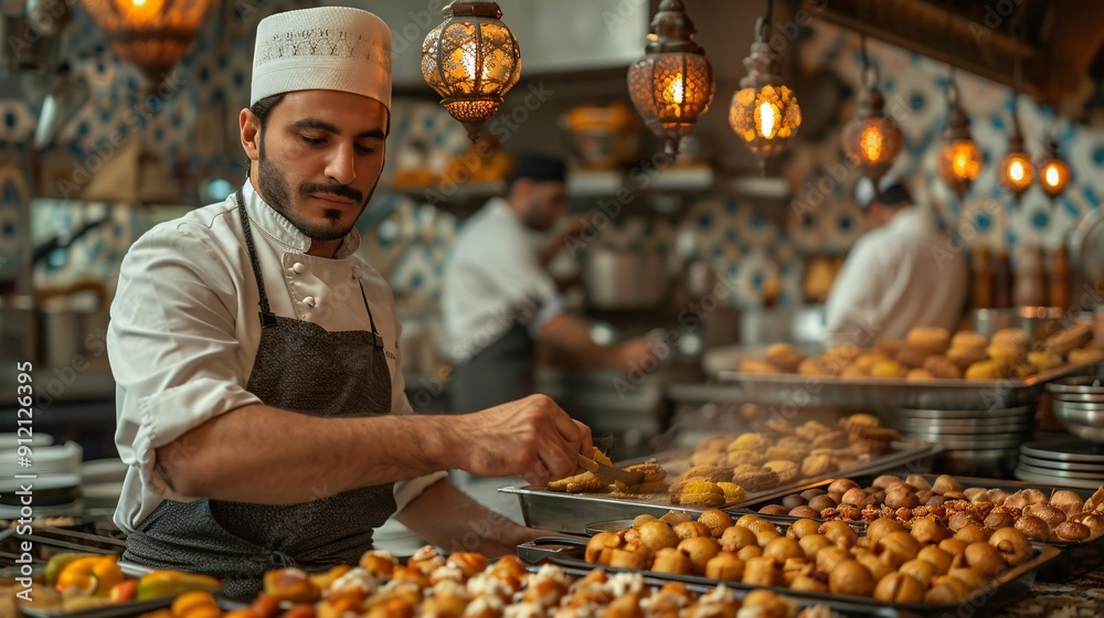 Chef Arranging Middle Eastern Sweets in a Busy Kitchen Chef Arranging Middle Eastern Sweets in a Busy Kitchen