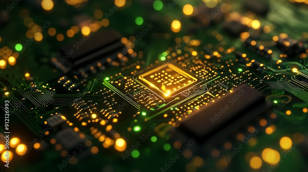 Obraz premium Close-Up of a High-Tech Circuit Board Featuring a Central Processor: The Heart of Modern Electronic Devices