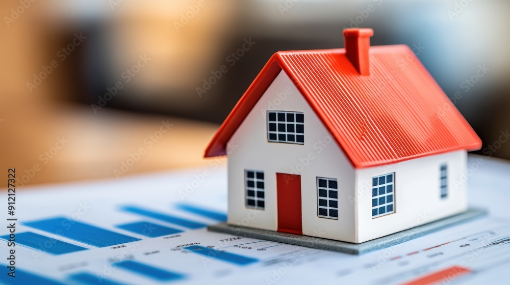 Miniature House Model on Financial Document with Graphs and Charts Representing Real Estate Market Analysis, Investment, and Property Value Trends Miniature House Model on Financial Document with Graphs and Charts Representing Real Estate Market Analysis, Investment, and Property Value Trends