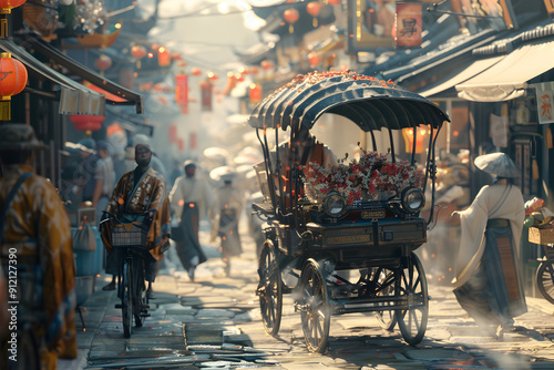 A horse-drawn carriage decorated with flowers travels through a bustling Asian market street.