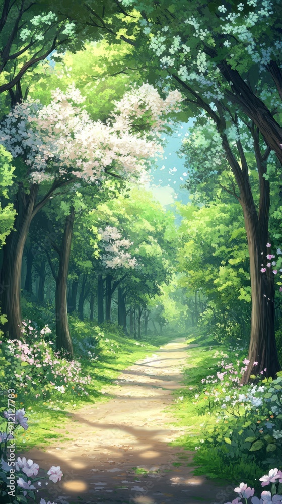 Obraz premium Floral Fantasy: A High-Resolution Hand-Drawn Illustration of Nature's Splendor in a Springtime Forest, Welcoming the Season's Enchantment with Lush Greens and Fragrances in Anime Style