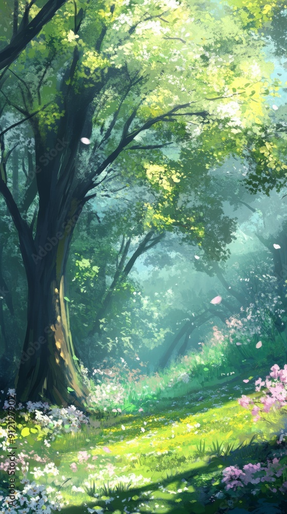 Fototapeta premium Floral Fantasy: A High-Resolution Hand-Drawn Illustration of Nature's Splendor in a Springtime Forest, Welcoming the Season's Enchantment with Lush Greens and Fragrances in Anime Style