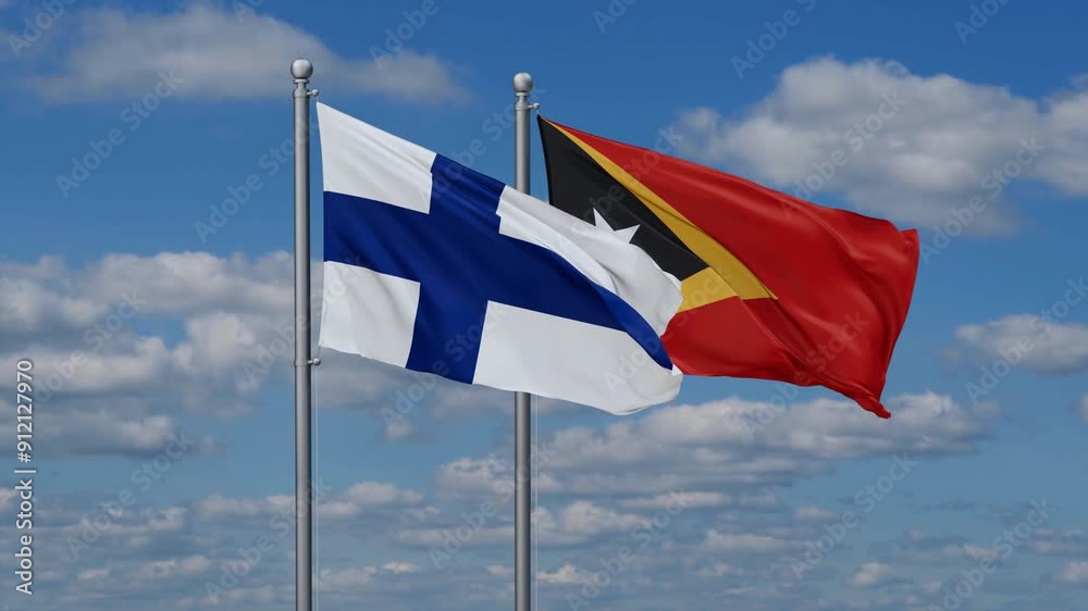 East Timor and Finland flags flying together, video concept of the relationship, two country cooperation concept East Timor and Finland flags flying together, video concept of the relationship, two country cooperation concept