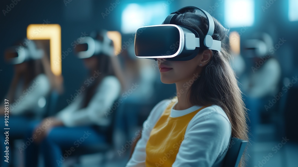 futuristic classroom concept, stundents wearing vr