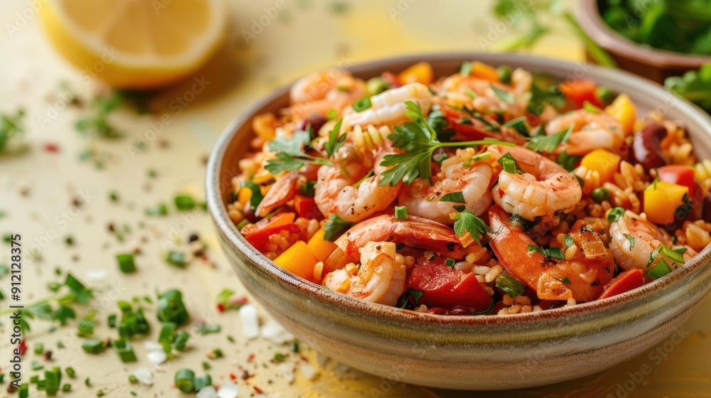 A colorful bowl of shrimp and vegetable salad, possibly a ceviche recipe with fresh ingredients. A colorful bowl of shrimp and vegetable salad, possibly a ceviche recipe with fresh ingredients.