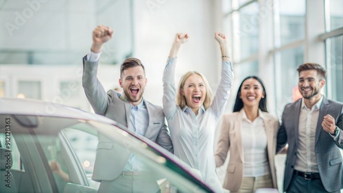 Customers celebrating new car purchase with dealership staff
 photo