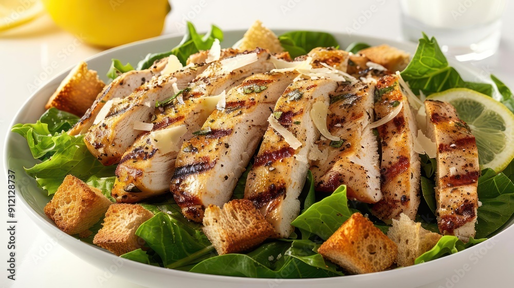 A bowl of grilled chicken salad with croutons and a wedge of lemon. A bowl of grilled chicken salad with croutons and a wedge of lemon.