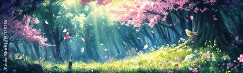 Botanical Symphony: A High-Fidelity Hand-Drawn Anime-Style Illustration of Nature's Melody in a Spring Grove, Capturing Seasonal Charm with Blooming Trees and the Serenade of Songbirds. photo