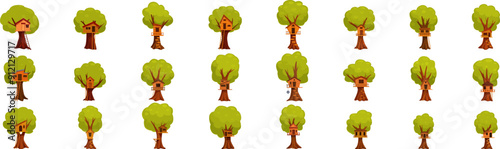 Treehouse icons set. This set features various tree houses with ladders, balconies and windows, perfect for children games and adventures