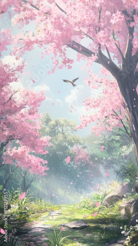 Botanical Symphony: A High-Fidelity Hand-Drawn Anime-Style Illustration of Nature's Melody in a Spring Grove, Capturing Seasonal Charm with Blooming Trees and the Serenade of Songbirds. photo