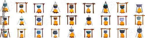 Pot campfire icons set. Large set of different boiling pots hanging over campfire cooking food, isolated on white