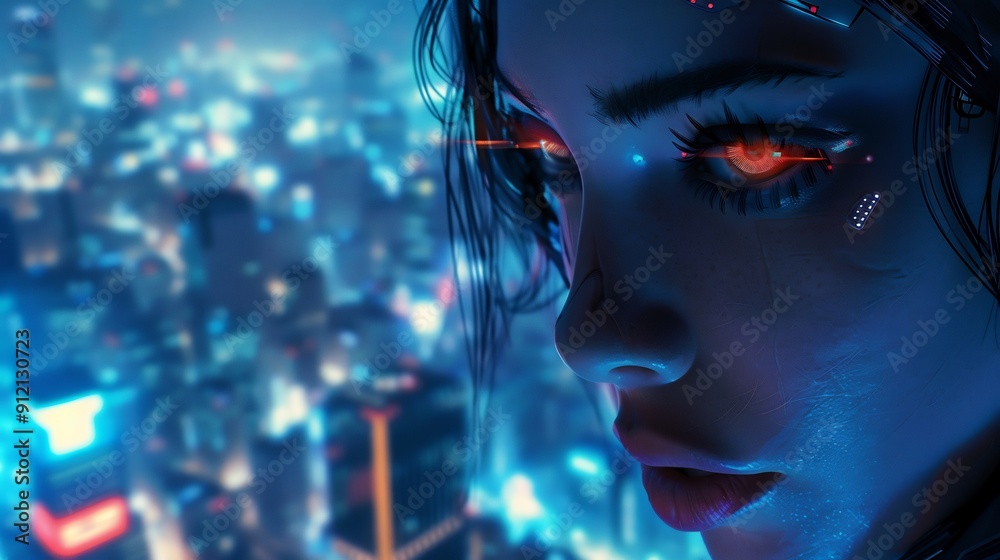 Close-up of a female robot face against a city background Close-up of a female robot face against a city background