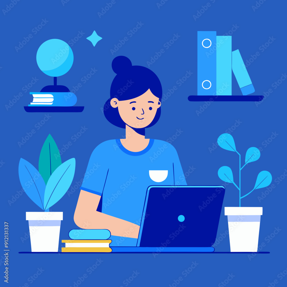 A person studying online blue colors light blue background illustration A person studying online blue colors light blue background illustration