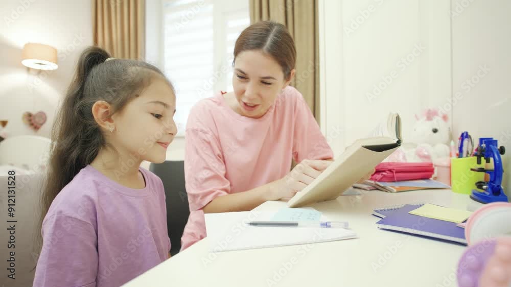 A caring mother helps her daughter with her homework in a warm, cozy children's room at a desk filled with colorful stationery and teaching aids. A caring mother helps her daughter with her homework in a warm, cozy children's room at a desk filled with colorful stationery and teaching aids.