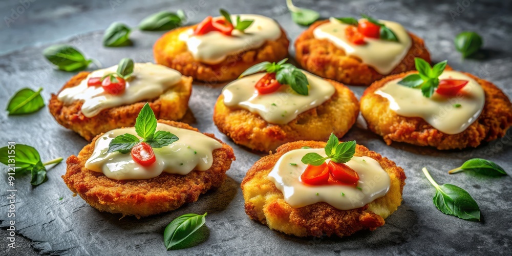 Crispy golden brown chopped chicken cutlets or patties topped with melted mozzarella cheese, arranged on a rough concrete background surface. Crispy golden brown chopped chicken cutlets or patties topped with melted mozzarella cheese, arranged on a rough concrete background surface.