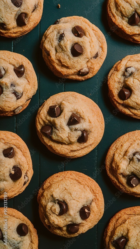 A row of chocolate chip cookies on a table