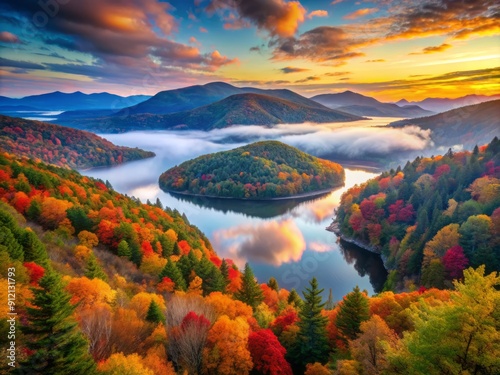 Majestic mountainside scenery with vibrant fall foliage, misty valleys, and serene lakes in a protected wilderness area at dawn. photo