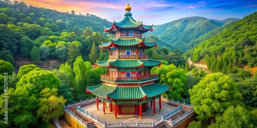Vibrant multicolored glazed pagoda amidst lush greenery, Guangsheng Temple, ancient Chinese architecture, Linfen, Shanxi, symbolizing rich cultural heritage and spirituality.