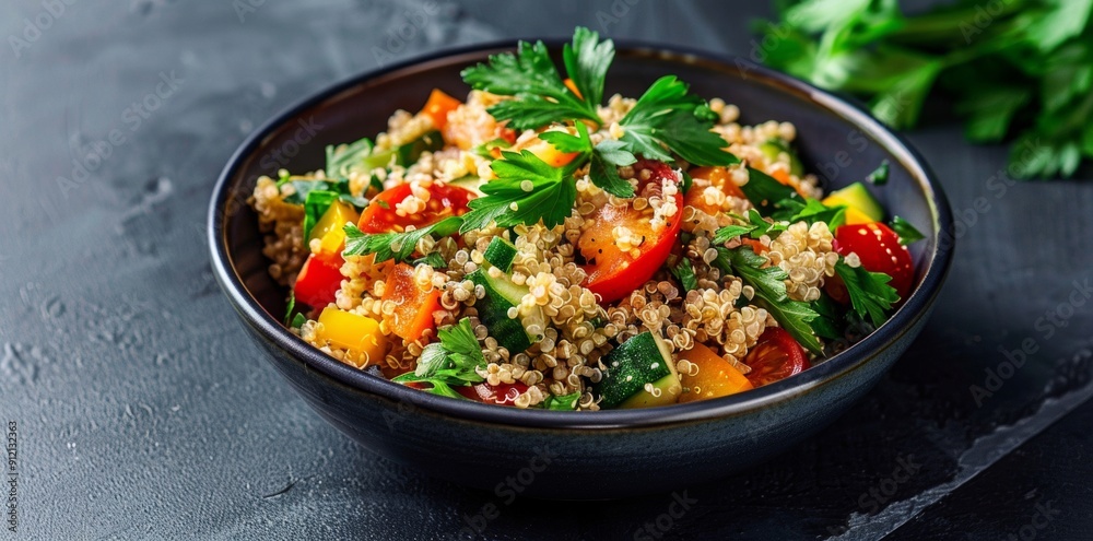 A dairy-free dish featuring quinoa with vibrant presentation