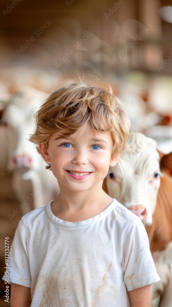 Happy Boy with Calves on Farm Happy Boy with Calves on Farm