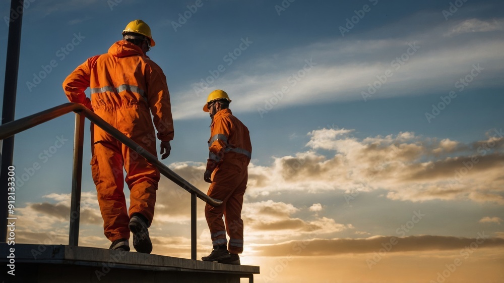 Two men wearing orange jumpsuits walk on a platform