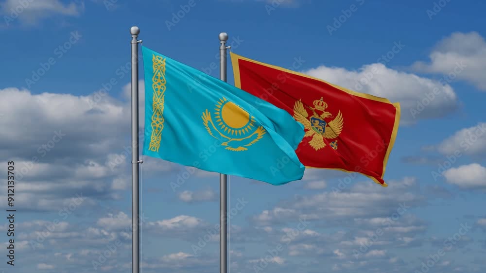 Montenegro and Kazakhstan flags flying together, video concept of the relationship, two country cooperation concept