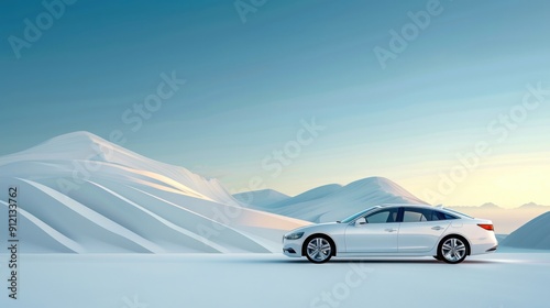 Wallpaper Mural White Luxury Sedan in Snowy Mountains Landscape Torontodigital.ca
