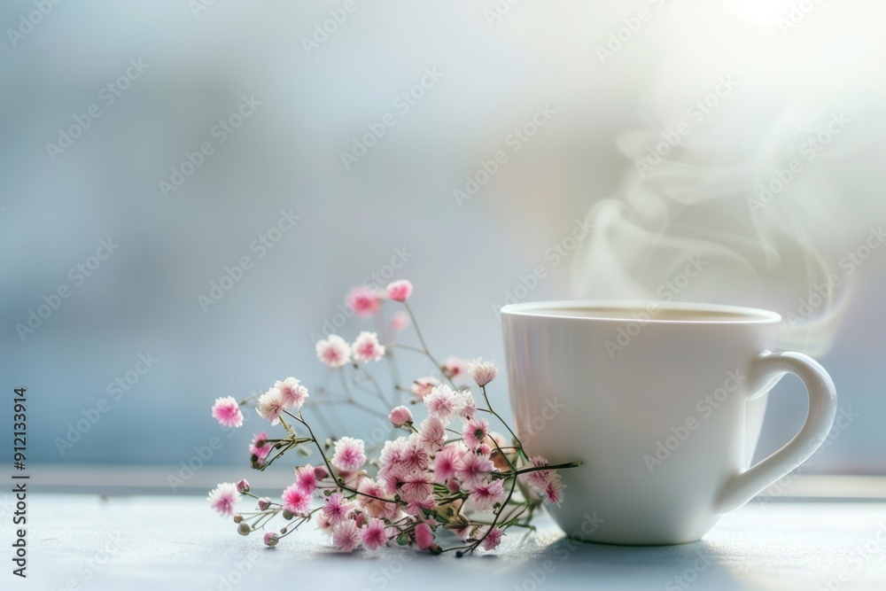 Fototapeta premium Close-up of steaming coffee cup with fresh pink flowers on table at morning light